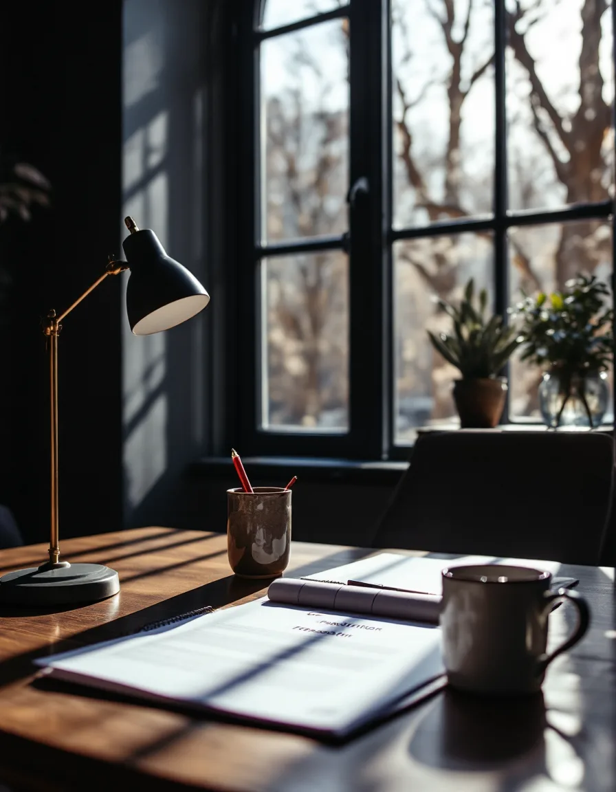 A writer's desk with a pencil-marked proposal draft beside an arched window